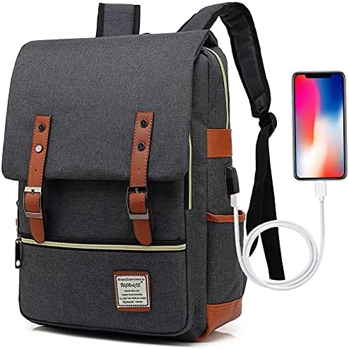 UGRACE Vintage Laptop Backpack with USB Charging Port, Elegant Water Resistant Travelling Backpack Casual Daypacks College Shoulder Bag for Men Women, Fits up to 15.6Inch Laptop in Black