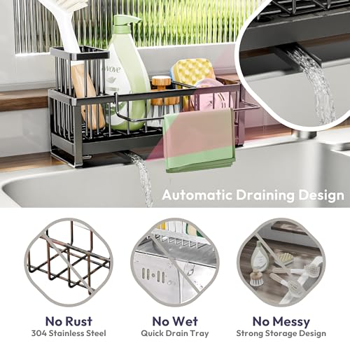 SWTYMIKI Kitchen Sink Caddy Organiser - Sink Tidy Organiser with Auto Draining Tray, Brush Holder, Stainless Steel Sponge Holder with Divider for Countertop Kitchen Storage & Organisation, Black - Image 6