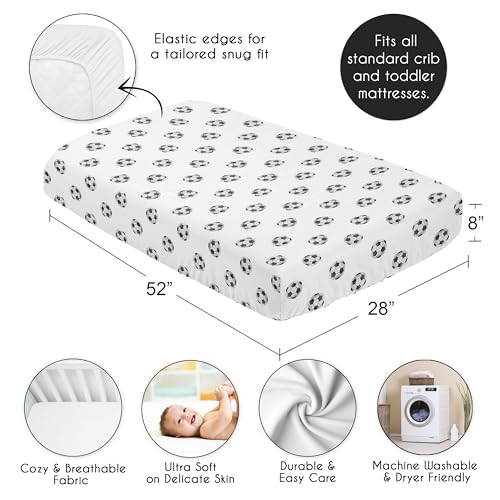 Image of Sweet Jojo Designs Fitted Baby Crib Sheets (Soccer Ball) for Boys or Girls, Infant Nursery, Toddler Room - Standard Size (Black & White Sports Balls for the Watercolor, Vintage Sport Theme Collection)