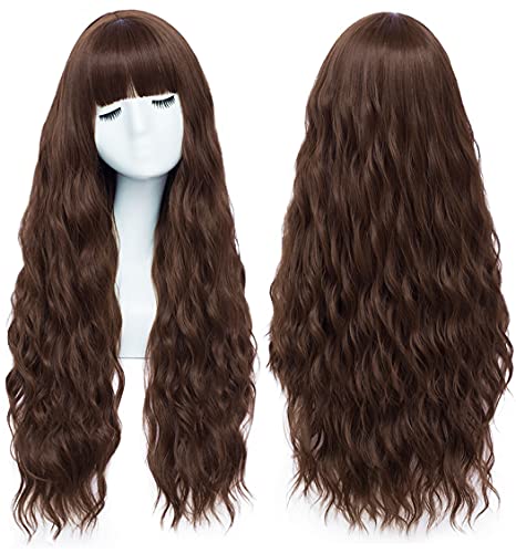 Mildiso Long Brown Wigs for Women 26'' Curly Wavy Brown Wig with Bangs Natural Cute Hair Wig with Breathable Wig Net Perfect for Daily Party Halloween M062BR