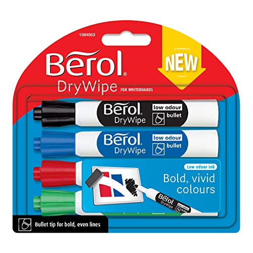 Berol Dry Wipe Whiteboard Marker Pens | Bullet Tip | Black Blue Red & Green | 4 Count