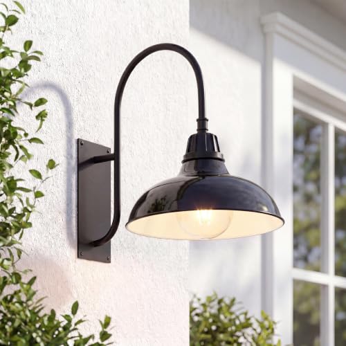 Image of JONATHAN Y 12.25 inch Black 1-Light Farmhouse Gooseneck Outdoor Wall Sconce Lamp, with Black Metal Bowl Shade, Industrial Iron LED Porch Light for Patio Garage Entryway (JYL7614B)