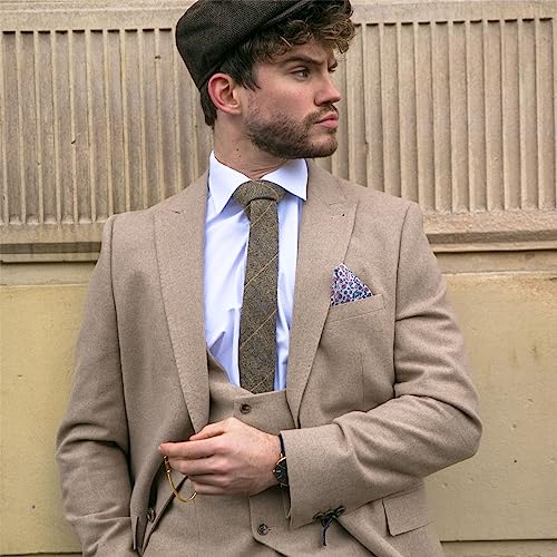 Men Tweed 3 Piece Suit Tan Oak Double Breasted Tailored Fit Wedding2