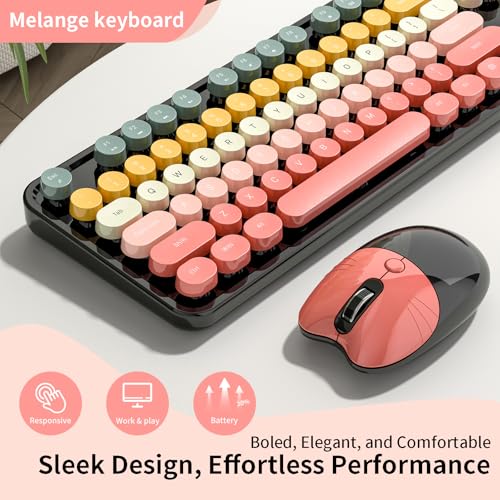 Image of Wireless Keyboard and Mouse, MOFII 104 Round Keycaps Retro Typewriter with OTG & Brush, Full-Size Ergonomic, Ideal for Windows PC, Home, Office and College Rainbow Red