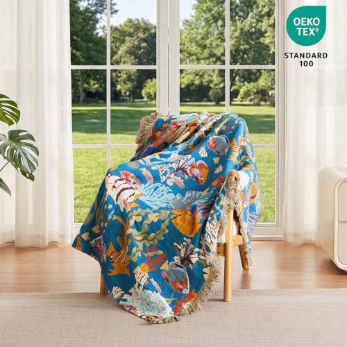 Image of MSGKV Boho Throw Blanket 50 inchx60 inch 100% Cotton Ocean Blanket for Couch