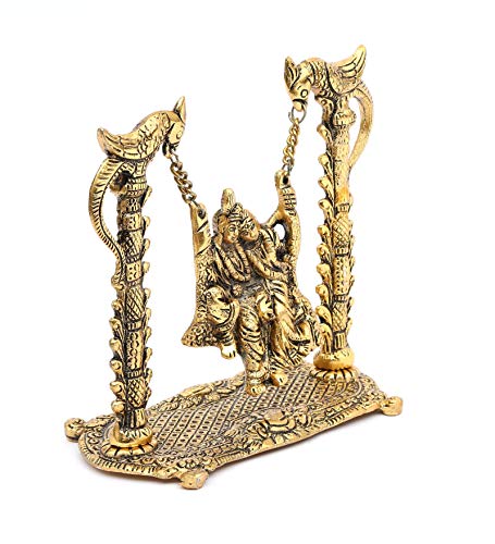 Image of KridayKraft Radha Krishna on Swing jhula Gold Plated Metal Statue Decor Your Home, Office (Medium)