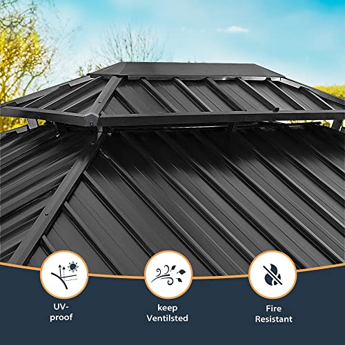 HAPPATIO 10' x 12' Hardtop Gazebo with Netting and Curtains, Double Roof Permanent Patio Metal Gazebo Canopy for Patio, Deck, Backyard （Gray）