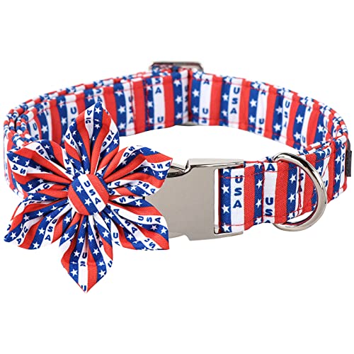 ARING PET American Flag Dog Collar Cute Summer USA Dog Collar with Flower Adjustable 4th of July Dog Collars with Metal Buckle