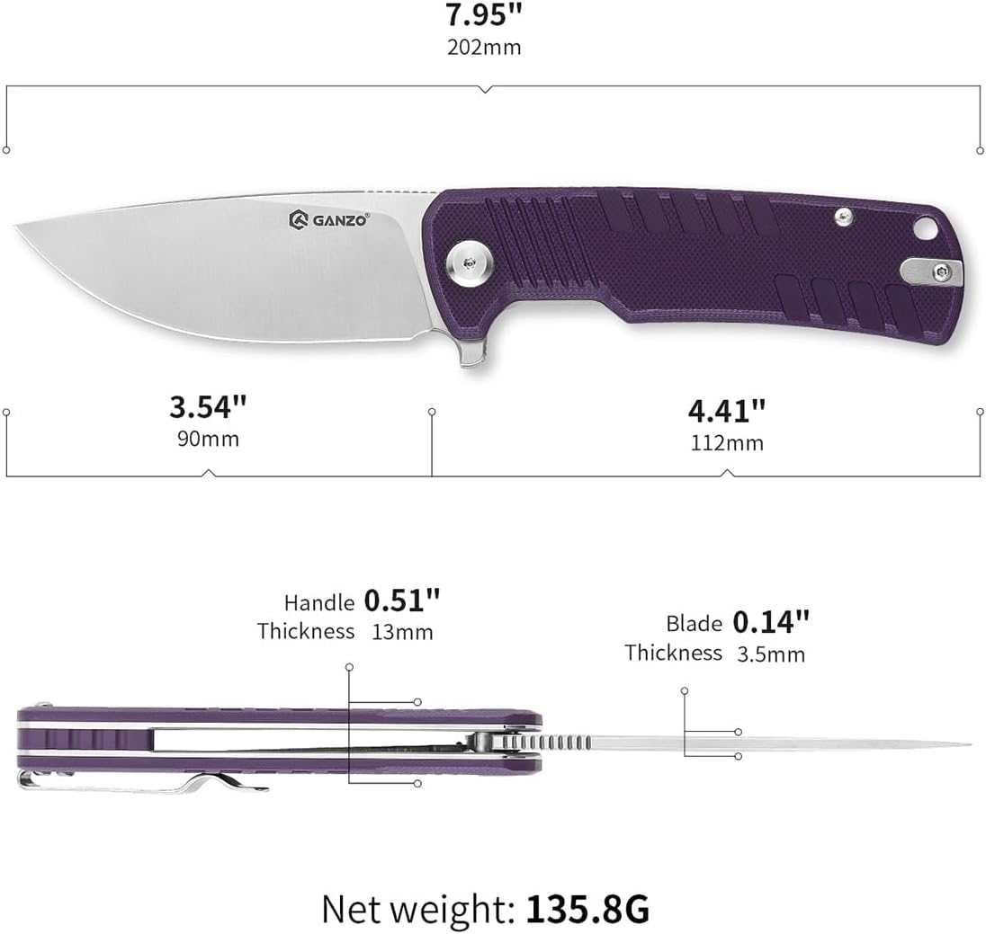 Firebird Ganzo G769-PL EDC Folding Pocket Knife Razor Sharp D2 Stainless Steel Blade G10 Handle with Clip Outdoor Pocket Knife Hunting Fishing Hiking Folder Best Gift for Men (Purple)