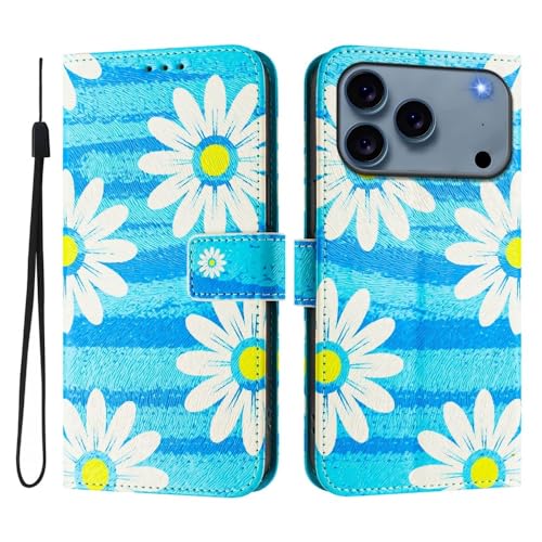 Étui portefeuille en cuir à motifs marguerite bleue pour iPhone 17 Air