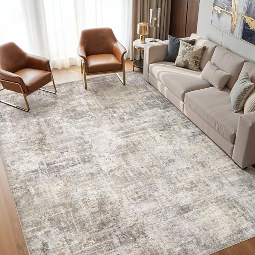 cotiled Washable 5x7 Area Rug for Living Room - Modern Abstract Carpet with Non-Slip Backing, Low Pile & Soft, Stain Resistant, Kid & Pet Friendly Decor for Bedroom & Dining Room - Brown Grey