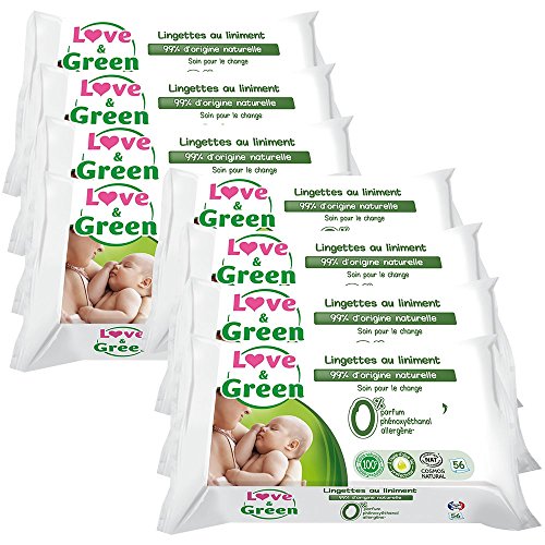 Love & Green Pack de 56 Lingettes au Liniment 99% d'Origine Naturelle Spécial Change - Lot de 8