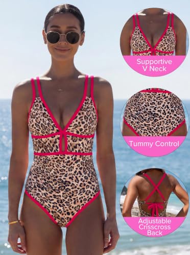 Image of popvil Women One Piece Swimsuit 2026 Tummy Control Sexy Cutout Neon Color Block Bathing Suit Slimming Adjustable Swimwear