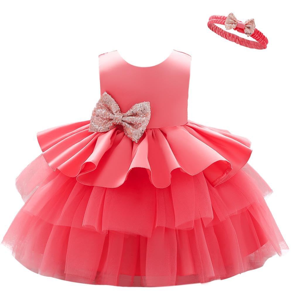 Lito Angels Kids Flower Girl Bridesmaid Dresses Wedding Party Outfit Fancy Ball Gown Occasion Dress with Headband Age 2-3 Years, Coral (Tag Number 90)