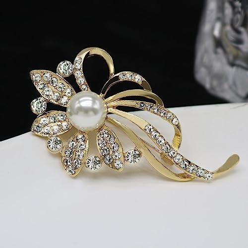 Image of Crystal Pearl Flower Brooches Pins Fashion Beautiful Created Rhinestone Floral Brooch Good Idea for Party Dance Wedding Banquet for Elegant Women Girl