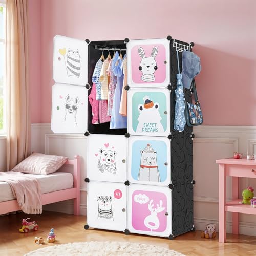 Image of ABOUT SPACE Plastic Kids Wardrobe - DIY 8 Cube Almirah with Cartoon Door, Side Cloth Hanger, Door Magnet & Hamer - Collapsible Baby Clothes Organizer| Storage for Baby Clothes Boys Girls - Black