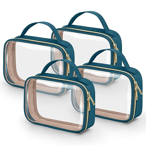 Image of Wedama TSA Approved Toiletry Bag, 4 Pack Clear Makeup Bags with Handles, Quart Size Clear Toiletry Bags, PVC Cosmetic Bags for Women and Men, Carry on Airport Airline Compliant Bag, Til Blue