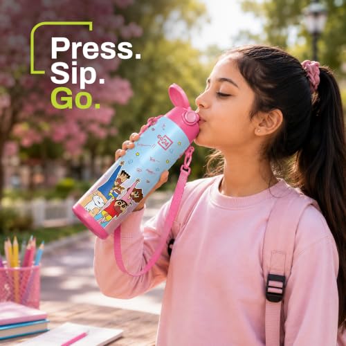 Image of Go24 pexpo Crayon Shinchan ISI Certified Stainless Steel Water Bottle for School Kids - 500ml | 2-Year Warranty | 3 Layer Insulation | Hot & Cold Vacuum Flask | 4+ Years |Pink Nohara Family