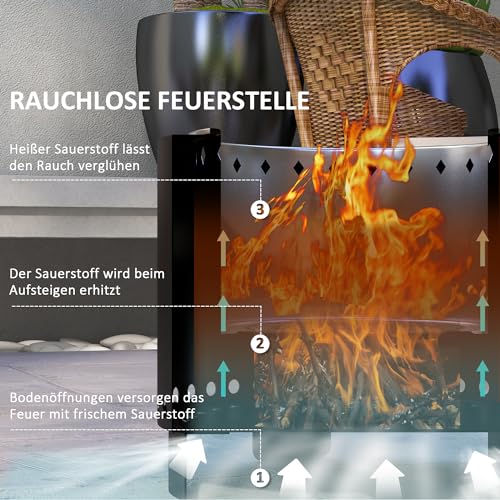 Outsunny Feuerschale, rauchfreier Tischfeuer, Ø45 cm Feuerstelle mit Griff, Schürhaken, Feuerkorb für Garten, Camping, Terrasse, Metall, Schwarz – Bild 4