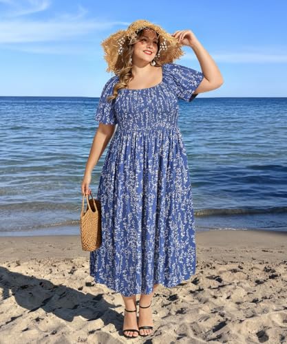 Image of RITERA Plus Size Dresses for Curvy Women Square Neck Short Sleeve Summer Floral Smocked Maxi Dress with Pocket XL-5XL