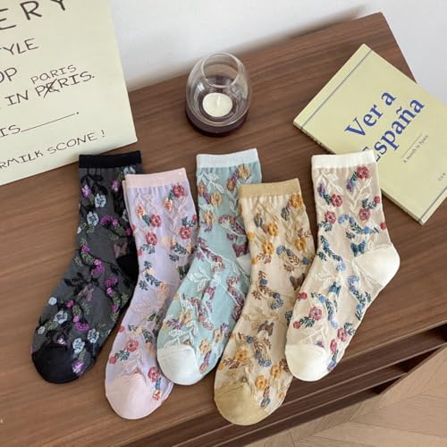 Women's Floral Socks - Vintage Embroidery Mid-Crew Cotton Socks for Spring/Summer Casual Outfits4