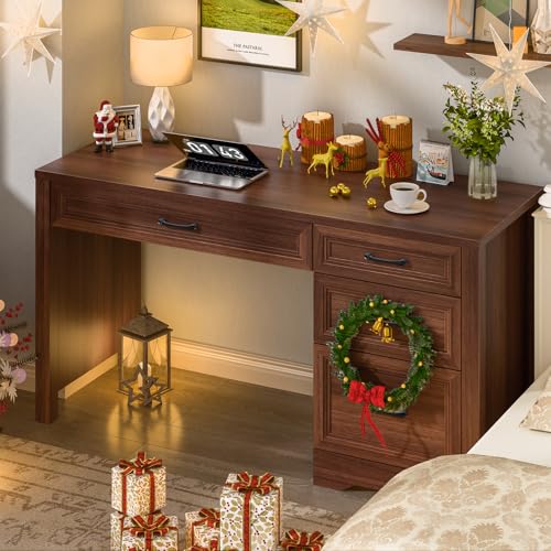 Image of Vabches Farmhouse Executive Desk with Storage and Ample File Drawer, Rustic Large Home Writing Desk for Bedroom, Walnut