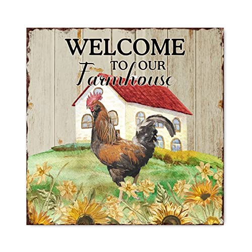 Plaque en bois Welcome to Our Farmhouse motif poulet rétro