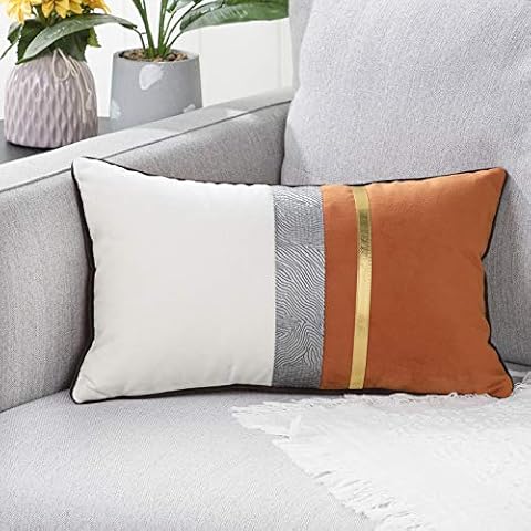 YAERTUN Patchwork Velvet Lumbar Decorative Cushion covers Gold Striped Leather Modern Luxury Throw Pillowcases for Couch Sofa Bed 12x20 Inches Orange Cover