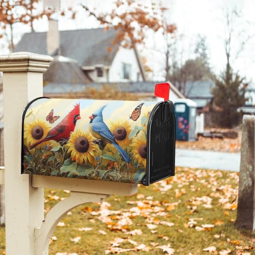 Image of Sunflower Birds Mailbox Cover Magnetic 25.5x21 Inch Large Size Spring Summer Floral Butterfly Waterproof Mailbox Wrap Post Cover for Outdoor Outside Garden Yard Seasonal Decor