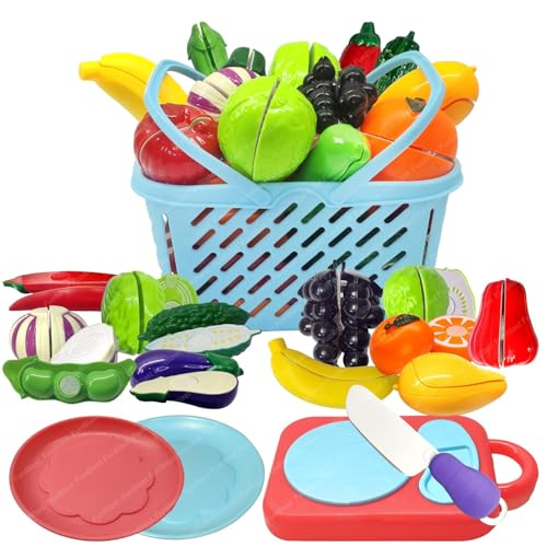 Image of EUPHORIA Realistic Sliceable Cutting Pretend Play Kitchen Set, Play Food Set, Fruit & Vegetable Toys, Chopping Board with Knife & Basket (17 Pieces)