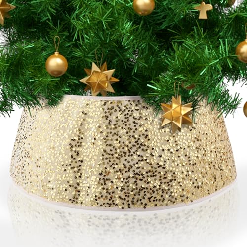 Collar de Árbol de Navidad, Falda para Árbol de Navidad con Lentejuelas Brillantes Anillo para Árbol de Navidad Cubierta para Base de Árbol para Decoraciones para Árboles de Navidad (Oro)