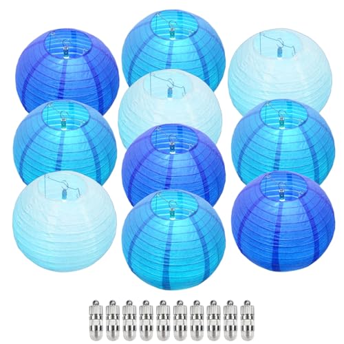 Image of Blue Chinese Paper Lanterns with LED Lights, 10-Pack 10inch | Hanging Lights for Graduation, Patriotic Party, Birthday Decorations, Ceiling Decor & Home Party
