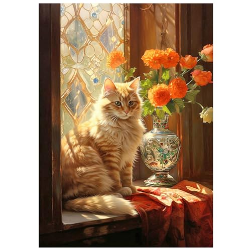 SHEGZHUC Pintura de diamante con diseño de gato en la ventana, 30 x 40 cm, pintura de diamantes, animales, pintura de diamantes, pintura de diamantes, arte bordado, punto de cruz, imágenes, regalo,