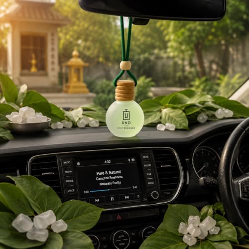Image of UNO AROMA Natural Kapoor Car Air Freshener, 15ml, Long Lasting Hanging car perfume, Toxin-Free Oil in Glass Bottle with Wooden Diffuser, Car Accessories for fresh aroma, Last Upto-60 Days