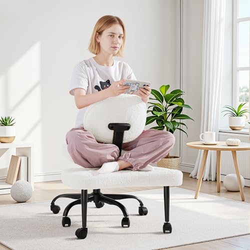 GUNJI Ergonomic Criss Cross Legged Office Chair, 360° Swivel Meditation Kneeling Chair with Wheels, ADHD Chair with Footrest, Lumbar Support, Wider Height Adjustable Seat (Teddy Fleece, White)