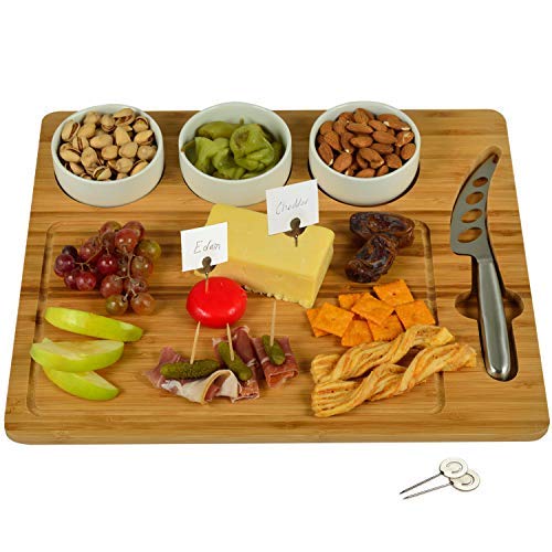 Picnic at Ascot Bamboo Cutting Board for Cheese & Charcuterie - includes 3 Ceramic Bowls, Cheese Knife & Cheese Markers - Patent Pending - Designed & Quality Checked in the USA