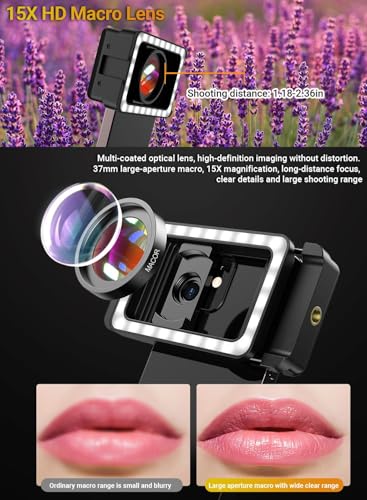 APEXEL 15X Macro Lens for iPhone with LED Fill Light, Samsung, Android Phone, with Universal Lens Clip Attachment (Fits for Almost Smartphone)