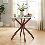 ivinta Small Glass Dining Table for 2-4 People, 31.5-Inch Round Coffee Table with Solid Wood Legs, Mid-Century Modern Kitchen Table for Dining Room, Living Room, Restaurant, CURD-80 (Rustic Brown)