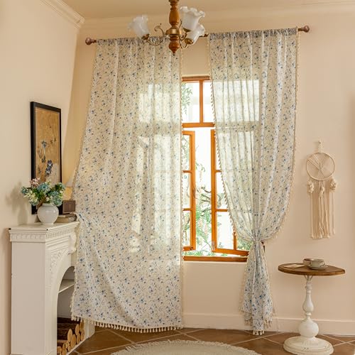 Image of MYSKY HOME Blue Floral Semi Sheer Boho Linen Curtains 63 Inch Length 2 Panels for Living Room Bedroom Light Filtering Spring Vintage Farmhouse French Tassels Back Tab Drapes, 50 inch Wide, 2 Panels