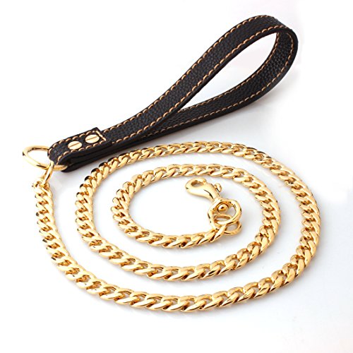No-Pull, guinzaglio per cani in acciaio inox, colore oro, in metallo, per cani di taglia media, resistente, 1,25 m, manico in pelle (manico nero, oro)