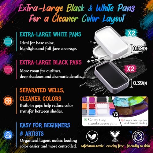 Image of BOBISUKA 18 Color Water-Activated Cream Face Paint Palette, Washable Face & Body Painting Kit with Extra Black & White Pans and Brushes for Halloween, Cosplay, Carnival, SFX & Costume Makeup
