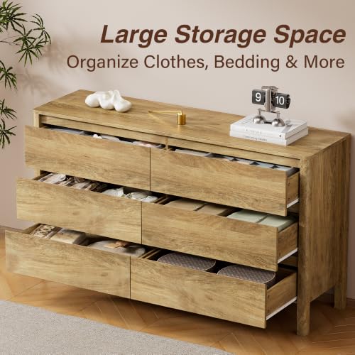 Image of Furniway 3 Piece Bedroom Set, 6 Drawer Dresser and Nightstands, Natural Oak