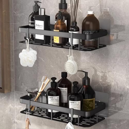 Lista de Estantes para ducha comprados en linea. 45 ZHEYU Estante De Ducha para Baño, Diseño De Doble Capa Más Grueso Sin Taladro, Estante De Pared con 4 Ganchos, Adecuado para Baño, Cocina, Hotel, Etc. (Rectángulo Negro)