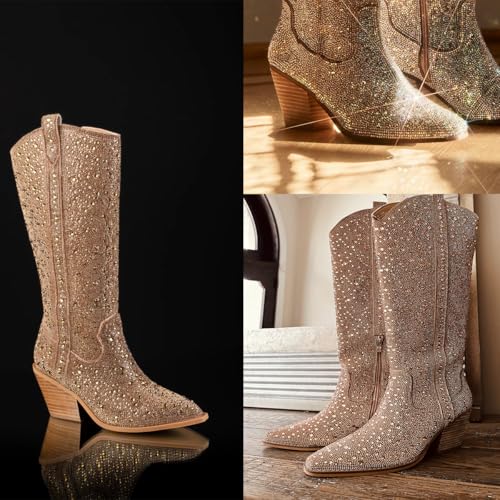 Women's Rhinestone Boots Wide Calf Cowgirl Boots Western Mid Calf Pointed Toe Boots Lightweight Fashion Trendy Chunky Stacked Heel Sparkly Side Zipper Boots2