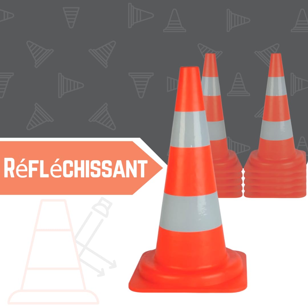 Lot de 10 cônes de signalisation de 53 cm - Orange réfléchissant - Cônes d'avertissement HDPE - 53 cm de haut - Pylons - Cônes d'avertissement réfléchissants