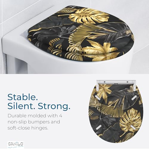 Image of Sanilo Wooden Toilet Seat with Quick Release & Soft Close [ROUND] - Decorative & Slow Close Molded Wood Seat - With One Click for Easy Installation & Cleaning - With Adjustable Fit (Golden Leaves)