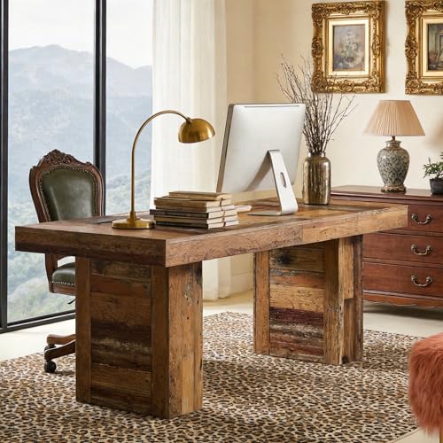 Tribesigns 63' Large Executive Desk, Farmhouse Computer Office Desk Wooden Writing Table Rustic Rectangle Business Workspace Table for Home Office, Rustic Distressd Brown