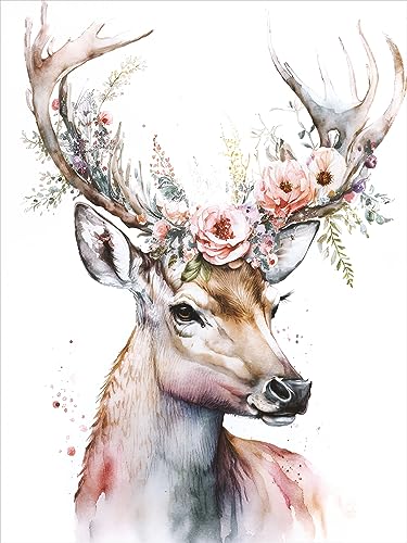 STYLER Leinwandbild Deer & Flowers 60 x 80 cm (AUFHÄNGFERTIG) –...