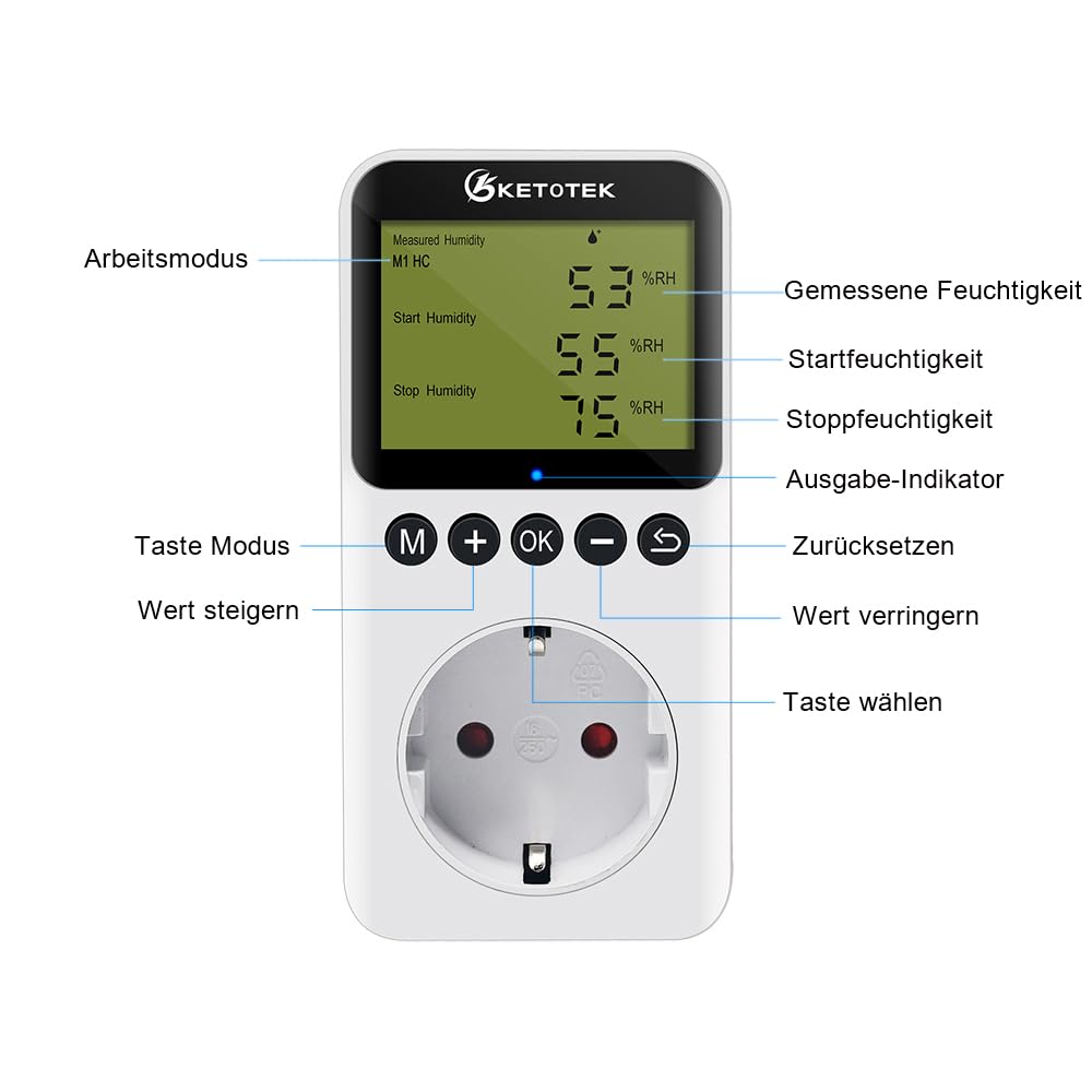KETOTEK Hygrostat Steckdose Feuchteregler mit Fühler 230V, Digitaler Feuchtigkeitregler Steckdose Schalter für Gewächshaus Terrarium Luftentfeuchter Luftbefeuchter