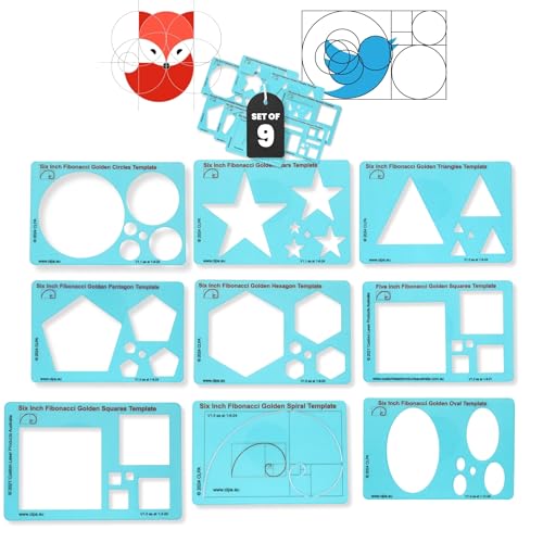 CLPA Fibonacci Full Template Set — 9 Pieces | 6" Circle, Triangle, Square, Star, Pentagon, Hexagon, Spiral, Oval | Complete Golden Ratio Drawing Tool Kit | Clear PETG | Made in Australia